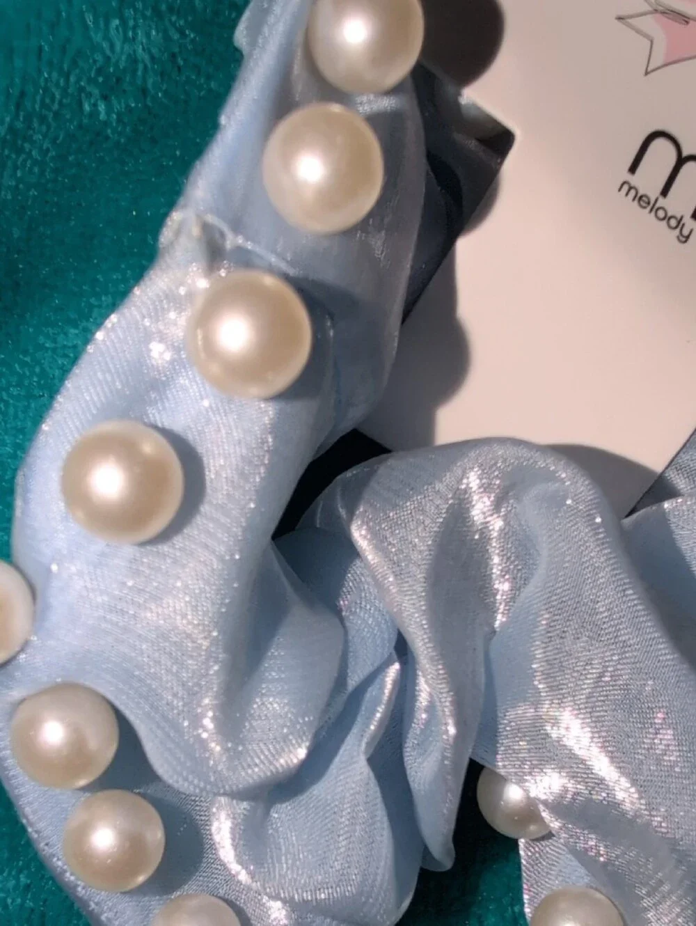 Light Blue Pearl-Trim Pair Of Scrunchies-